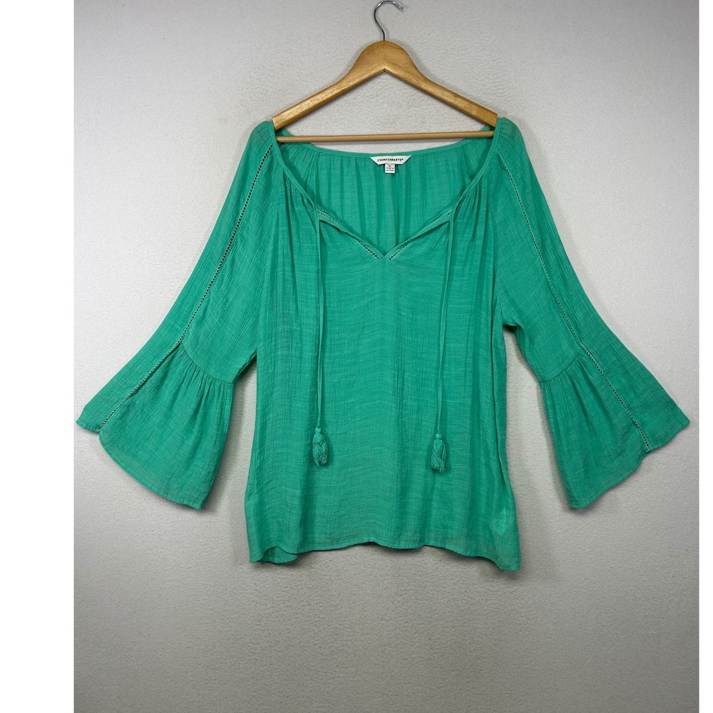 Boho Coastal Counterparts Womens XL Green Bell Sleeve Tassel Peasant Blouse